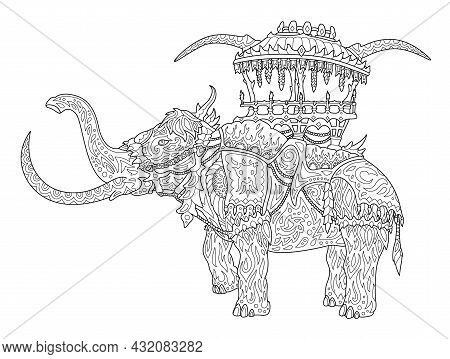 Beautiful Monochrome Fantasy Linear Illustration For Adult Coloring Book Page With Stylized Rideable