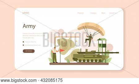 Soldier Web Banner Or Landing Page. Millitary Force Employee In Camouflage