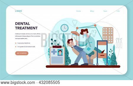 Dentist Web Banner Or Landing Page. Dental Doctor In Uniform Treating