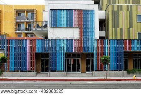 LOS ANGELES, CALIFORNIA - 18 AUG 2021:  Colorful exterior of new apartment buildings on Spring Street in the downtown area near Olvera Street.