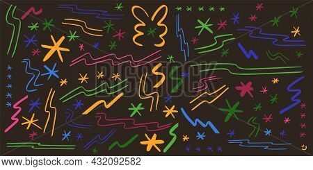Colorful Hand Drawn Elements Lettering Vector. Stars, Lines, Stripes, Sparkles, Shinning.