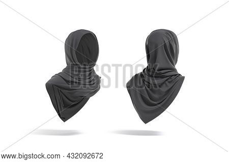 Blank Black Woman Muslim Hijab Mockup, Front Back, Side View, 3d Rendering. Empty Female Accessories