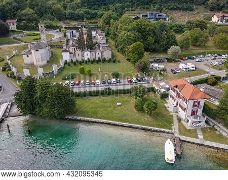 Drone View At Saint Filiberto Church At Pella On Lake Of Orta, Italy