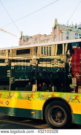 Lisbon, Portugal - Feb 8, 2018: Portuguese Bus In Front Of Teatro Eden On Praca Dos Restauradores Sq