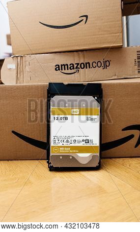 Paris, France - Feb 15, 2018: New Western Digital 12tb Terabytes Hdd Hard Disk Drive Lean On Multipl