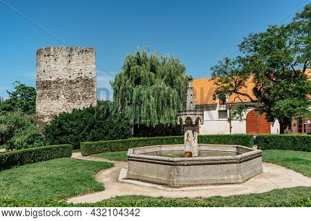 Bitov,czech Republic-august 7,2021.courtyard Of Bitov Castle With Fountain And Old Stone Tower.czech