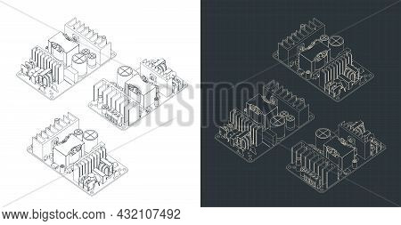 Stylized Vector Illustration Of Isometric Blueprints Of Psu Board