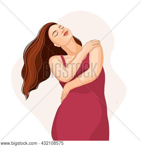 Beautiful Girl Hugs Herself And Enjoys, Self-love And Harmony Concept, Vector Illustration