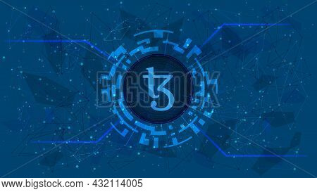 Tezos Xtz Token Symbol In Digital Circle With Cryptocurrency Theme On Blue Background. Cryptocurrenc