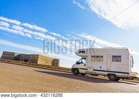 Caravan On Coastal Fortification, Castle Near The Town Of Los Banos De Guardias Viejas, Almeria Prov
