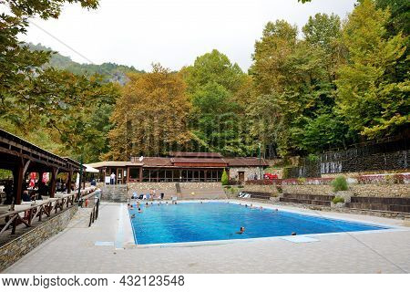 Loutra, Aridea, Greece-october 13: The Tourists Swimming In Water From Hot Springs In Loutra, Aridea