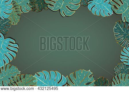 Lot Of Cute Green Palm Leaves With Golden Outline, Modern Fashion Faded Background With Textspace