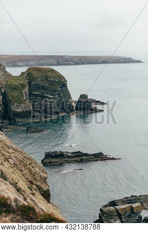 Cliffs Near South Stack Lighthouse, Wales, Anglesey, Uk. It Is Built On The Summit Of A Small Island