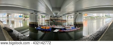 Shatin, Hong Kong - 6 Sept 2021: Panorama Of Shing Mun River And Dragon Boats Parking Under A Bridge