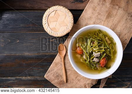 Northern Thai Food (kaeng Puk Plung), Ceylon Spinach Or Malabar Spinach Soup With Pork In A Bowl On 