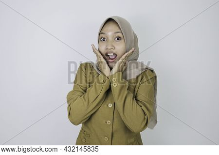 Shock Government Worker Women Looking Into Camera. Pns Wearing Khaki Uniform.