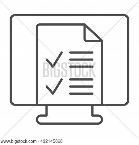 Monitor, Monoblock With File Document With Ticks Thin Line Icon, Documents Concept, Page Vector Sign