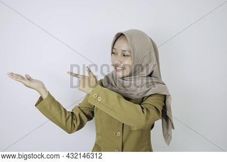 Smile Government Worker Women Pointing Beside. Pns Wearing Khaki Uniform.