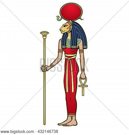 Animation Portrait Ancient Egyptian Goddess Sehmet (tefnut) Holds Symbols Of Power: Staff And Cross.