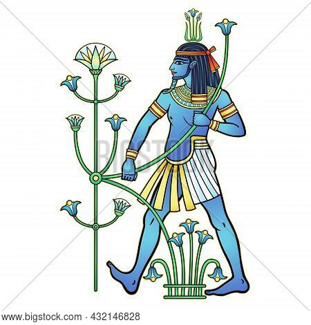 Animation Portrait  Egyptian God Hapi Holding A Reed Flower. God Of Fertility, Of Water, Of  Nile Ri