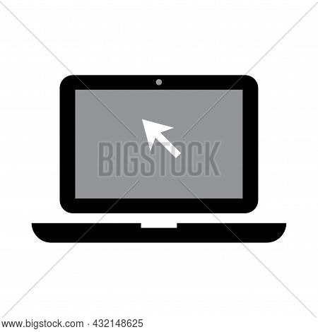 Laptop With Cursor Icon On Grey Backdrop. Computer Mouse Click. Pointer Arrow Symbol. Vector Illustr