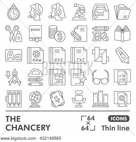 Chancery Line Icon Set, Files And Documents Symbols Collection Or Sketches. Office Supplies Thin Lin
