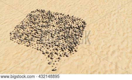 Concept conceptual stones on beach sand handmade symbol shape, golden sandy background, cloud sign. 3d illustration metaphor for communication, online talking, chatting, internet discussion