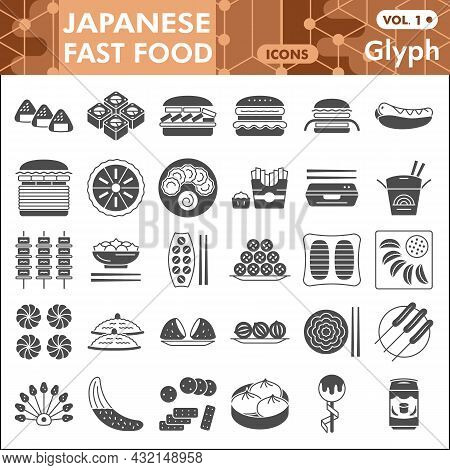 Japanese Fast Food Line Icon Set, Asian Cuisine Symbols Collection Or Sketches. Oriental Dishes Glyp