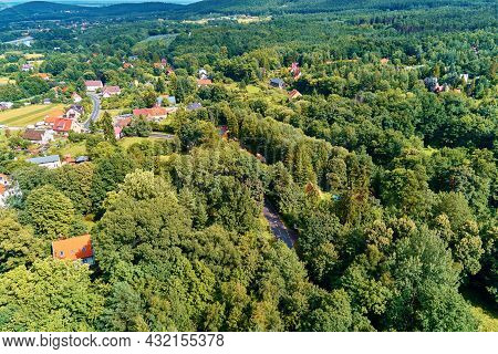 Mountain Village With Forests, Bird Eye View. Sleza Mountain Landscape Near Wroclaw In Poland. Natur
