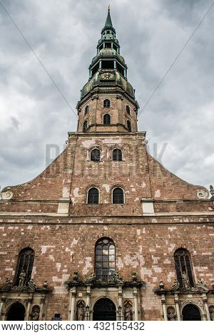 Riga, Latvia - May 21, 2021: St. Peters Church In Riga, The Captial Of Latvia