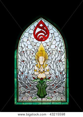 Thai Angel Stain Glass In Srinakarinthara Mahasandhikiri Pagoda On Mae Salong Hill, Chiang Rai, Thai