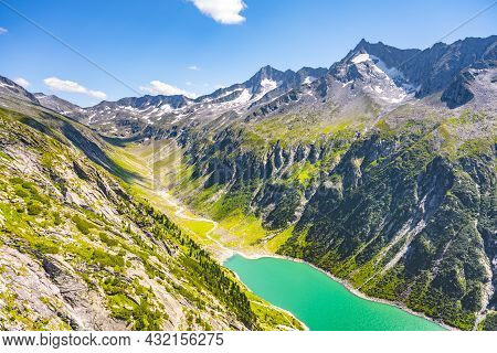 Beautiful Alpine Walley With Azure Blue Water Of Speicher Zillergrundl Dam, Zillertal Alps, Austria