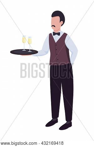 Waiter With Sparkling Wine On Tray Semi Flat Color Vector Character. Full Body Person On White. Wedd