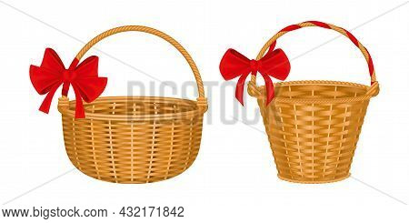 Wicker Basket Set With Two Isolated Images Of Baskets With Red Bows Handles And Wooden Texture Vecto