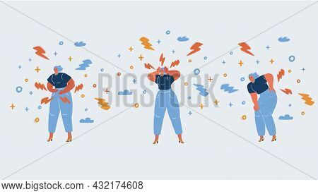 Vector Illustration Of Woman Having Pain In Her Back, Stomack And Head.