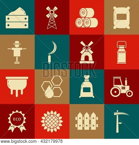 Set Scythe, Tractor, Can Container For Milk, Roll Of Hay, Sickle, Scarecrow, Wooden Box With Harvest