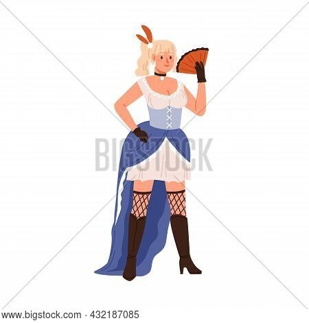 Woman Of Wild West. Portrait Of Western Female Character, Standing In Short Dress, Stockings And Boo