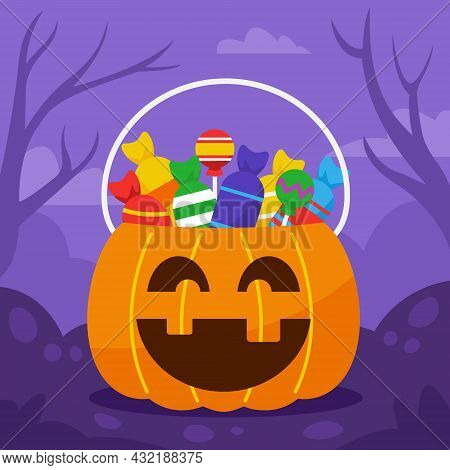 Playing Trick Or Treat Door By Door And Fullfill The Pumpkin Bucket With Candies.