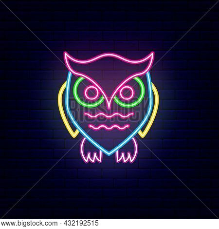 Colorful Neon Owl Icon. Happy Halloween Concept. Night Bright Signboard. Outer Glowing Effect Banner