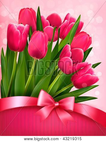 Holiday bakgrund med rosa blommor och present rosett med band. Vektor