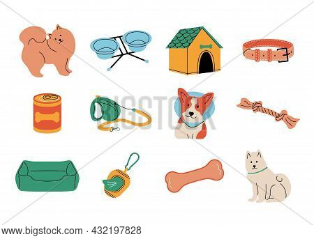 Dog Supplies. Doodle Cute Puppy With Toys, Bed, Bowls, Food In Can And Leash, Funny Cartoon Pet And 