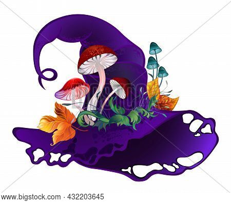 Artistically Drawn, Purple, Velvet Witch Hat Decorated With Red Mushrooms And Yellow Autumn Leaves O