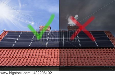 Stop Smog And Solar Panel - Concept. Solar Panels And A Smoking Chimney. Ecological Probelm