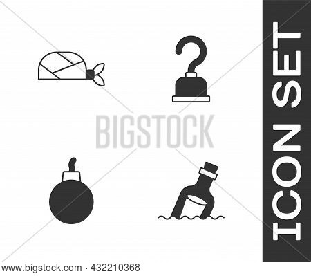 Set Bottle With Message In Water, Pirate Bandana For Head, Bomb Ready To Explode And Hook Icon. Vect