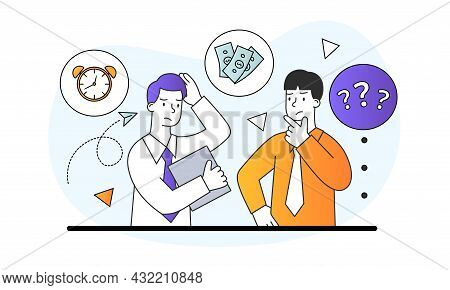 Choice Between Values Concept. Men Ask Question About Importance Of Time And Money. Company Employee