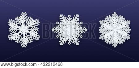 Collection Of Vector 3d Snowflakes With Shadow. Fiolet And White Christmas Background Design. New Ye