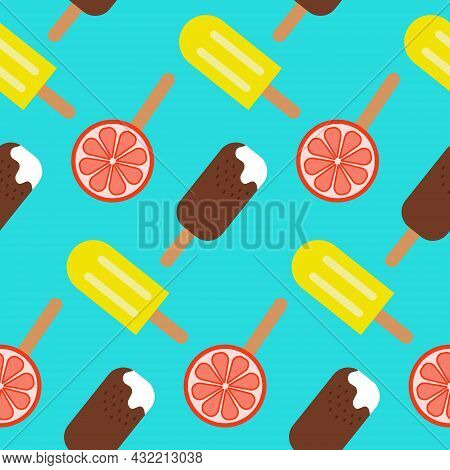 Seamless Pattern Ice Cream Popsicle In Chocolate, Lemon Stick And Orange Slice. Design For Fabric, W