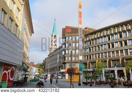 Gelsenkirchen, Germany - September 17, 2020: People Visit Downtown Gelsenkirchen City, Germany. Gels