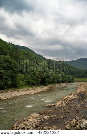 Chorna Tysa River And Carpathian Mountain On A Rainy Day, Ukraine.