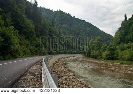 Chorna Tysa River And Carpathian Mountain On A Rainy Day, Ukraine.